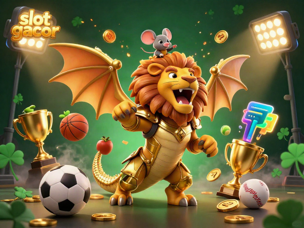 Experience the thrill of slot gacor with a victorious chimera and mouse enjoying golden jackpots and dynamic sports elements.