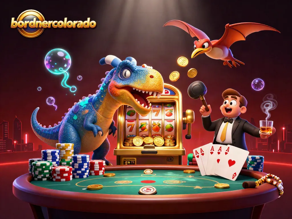 Experience the excitement at bordnercolorado as dinosaurs win jackpots in this vibrant casino scene.