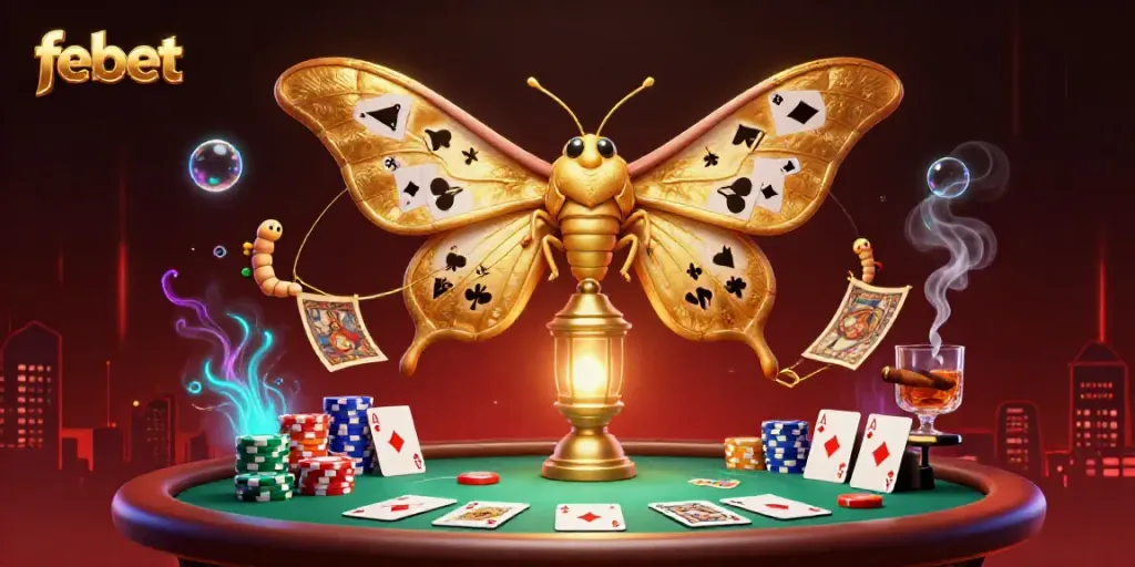 Experience the excitement of febet with a dynamic casino scene featuring an animated atlas moth, poker chips, and card suits.