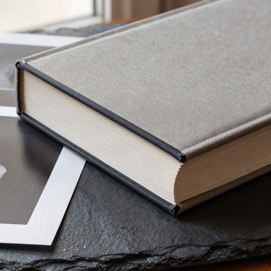 Gesloten fotoboek op nat leisteen met proefprints en een matte archiefhoes.