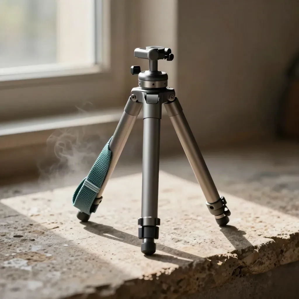 Compact aluminium statief op stenen trede met teal bandje in koele buitenlucht