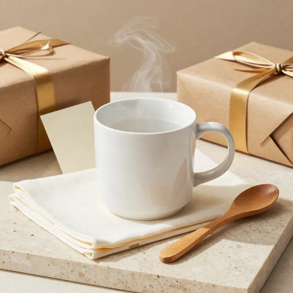 Witte fotomok met stoom op travertin, met cadeaupapier, servet en houten lepel eromheen.