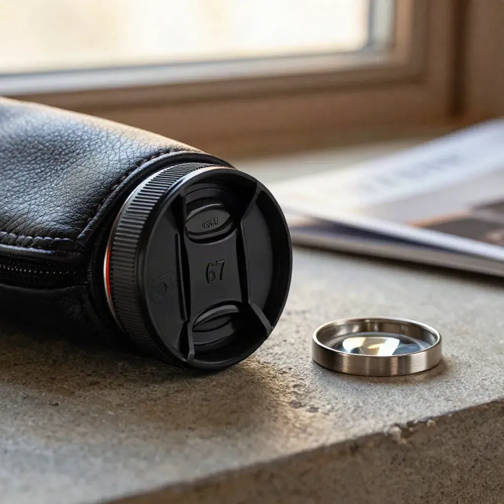 Zwarte lensdop 67 mm naast leren pouch en metalen ring op steen, in close-up.