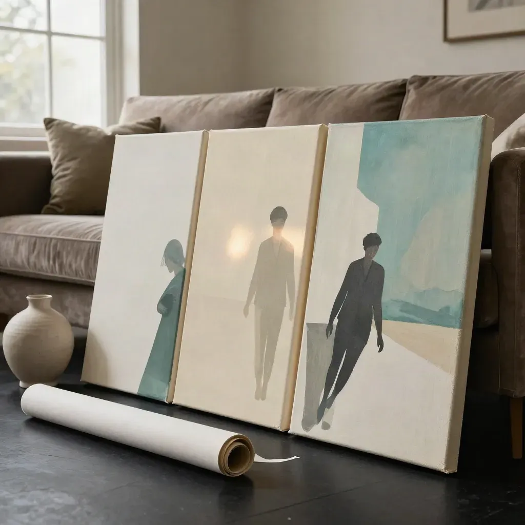 Drie canvasprints leunen tegen een velours bank met vaas en opgerolde canvas in dramatisch licht.
