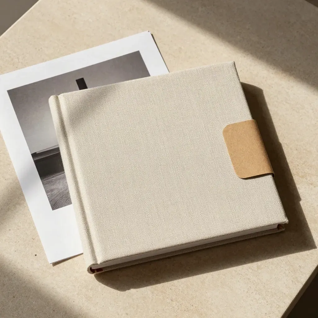 Fotoboek van linnen met proefprint en papieren band op warme stenen ondergrond.