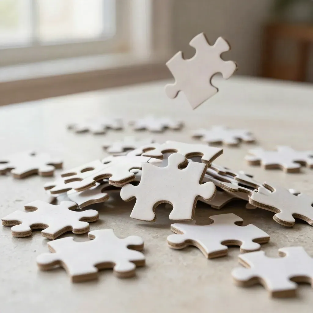 Half gelegde fotopuzzel met losse stukjes die uit de doos spatten op een lichte tafel.