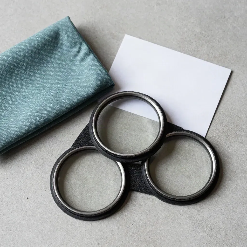 Lensfilterset met drie glasfilters in foam, microvezelpouch en kaart op beton.