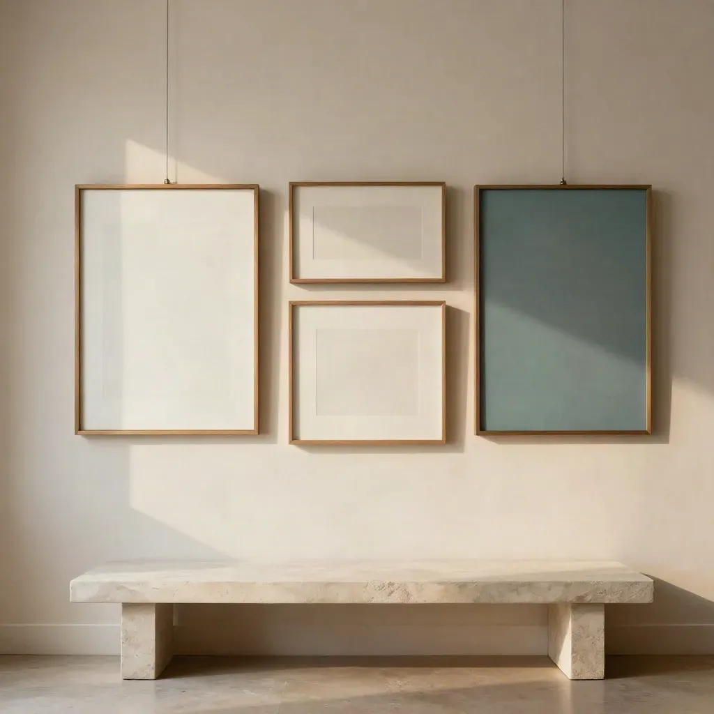 Galerijmuur met wanddecoratie boven een pleisterbank in een lichte studio-woonruimte.