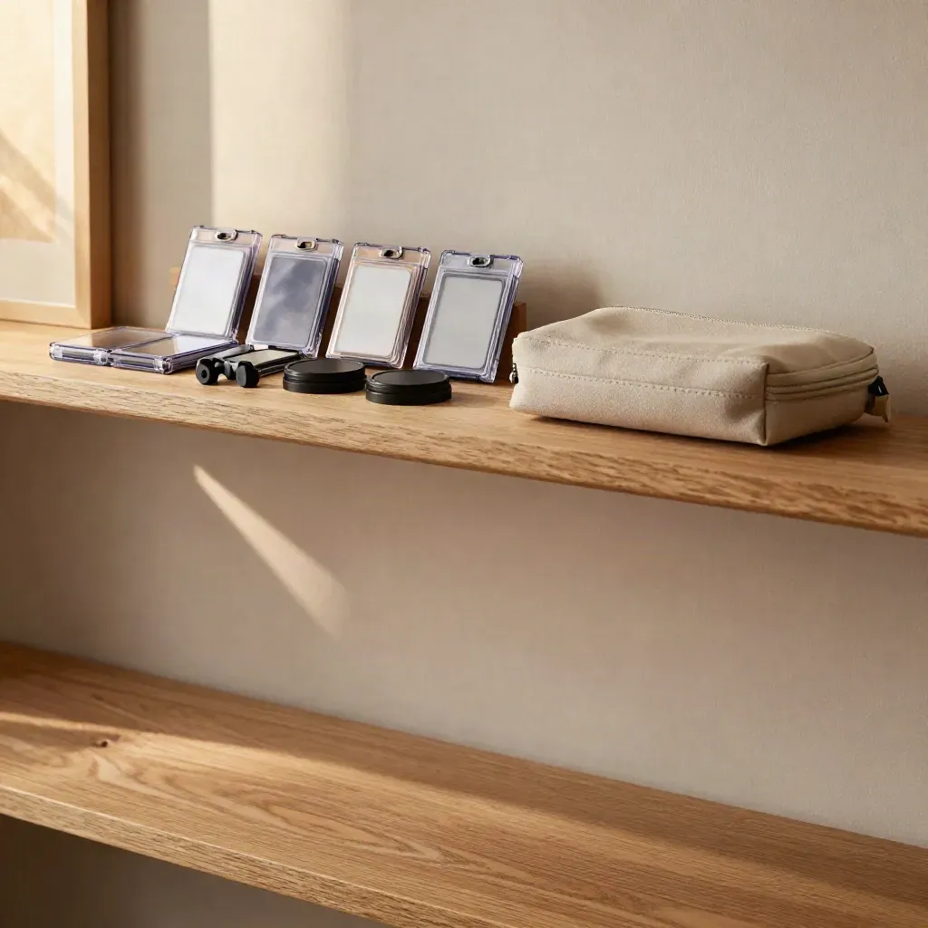 Accessoires op warme houten planken met zachte gouden zon en rustige copyruimte eronder.