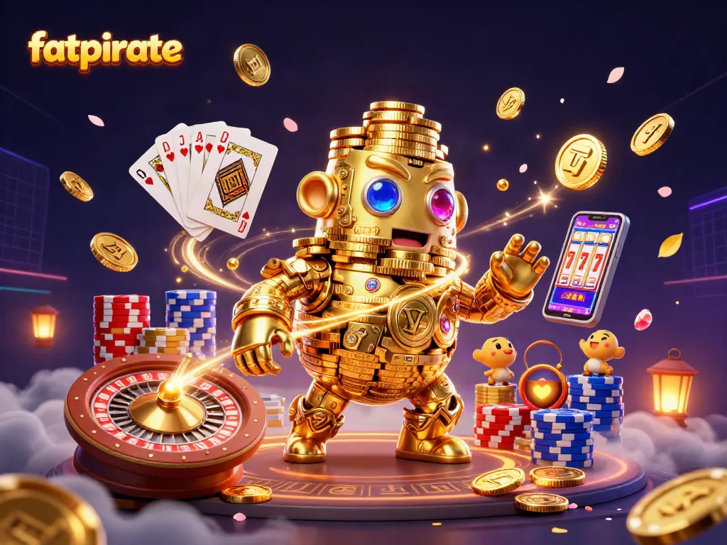 Engage with the fatpirate experience featuring a golden golem and colorful casino elements in 3D.