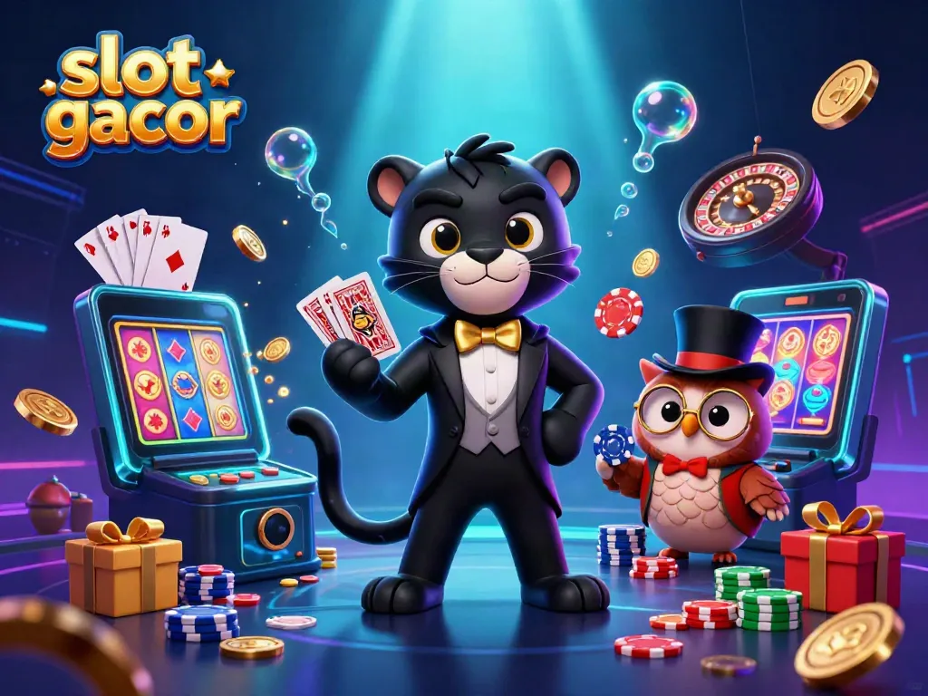Experience the excitement of slot gacor with cartoon characters playing cards and showcasing vibrant casino elements.