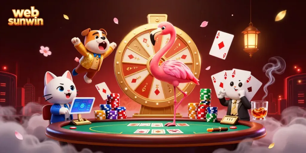 Engaging scene of web sunwin with a flamingo game show host, bulldog contestant, and cat assistant in a lively casino game setting.