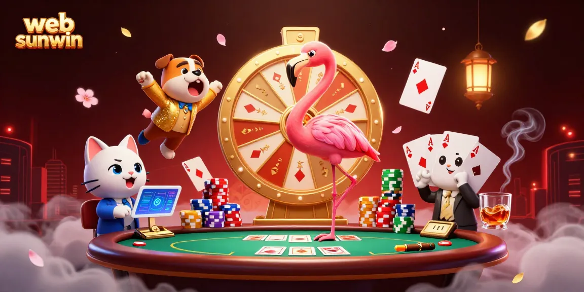 Engaging scene of web sunwin with a flamingo game show host, bulldog contestant, and cat assistant in a lively casino game setting.