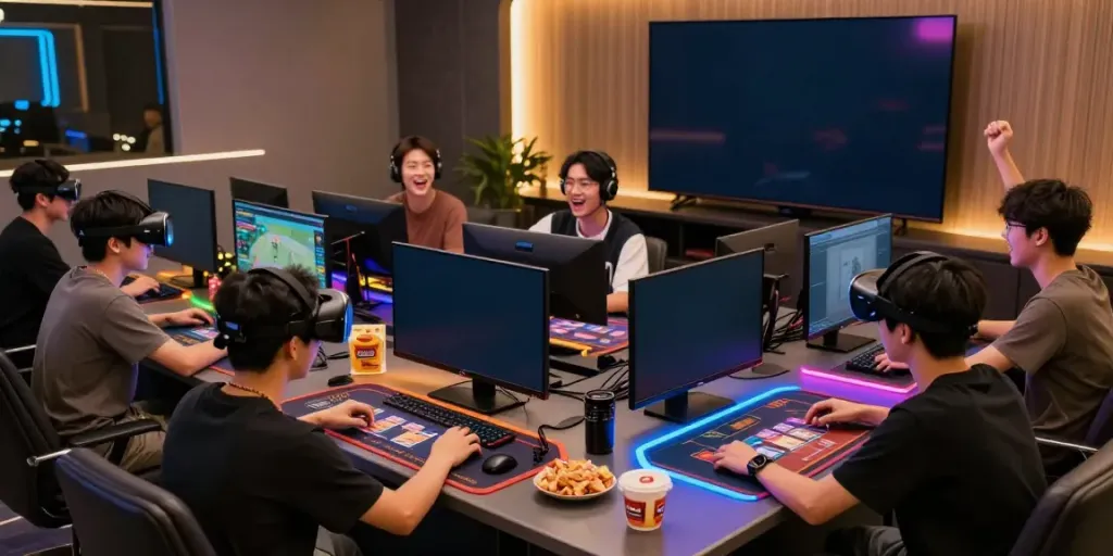 Active gaming environment at https://manclub1.jp.net/ with young men enjoying various games in a lively lounge.