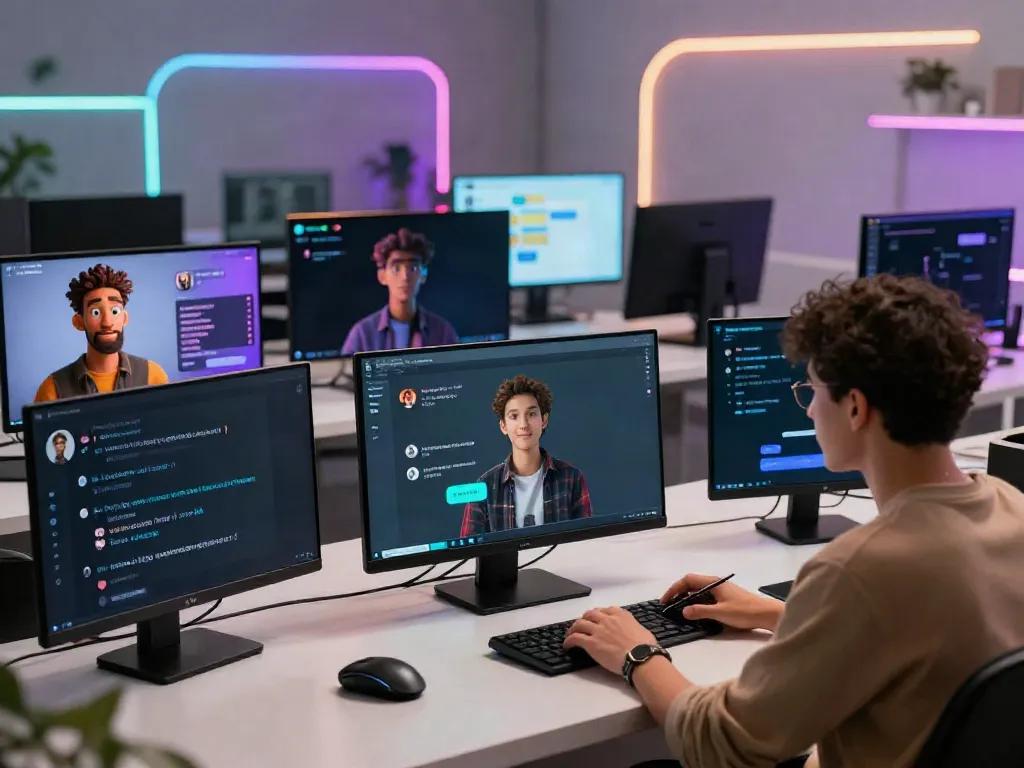 User engaging with animated AI avatars in a futuristic chat room showcasing juicy chat ai interactions.