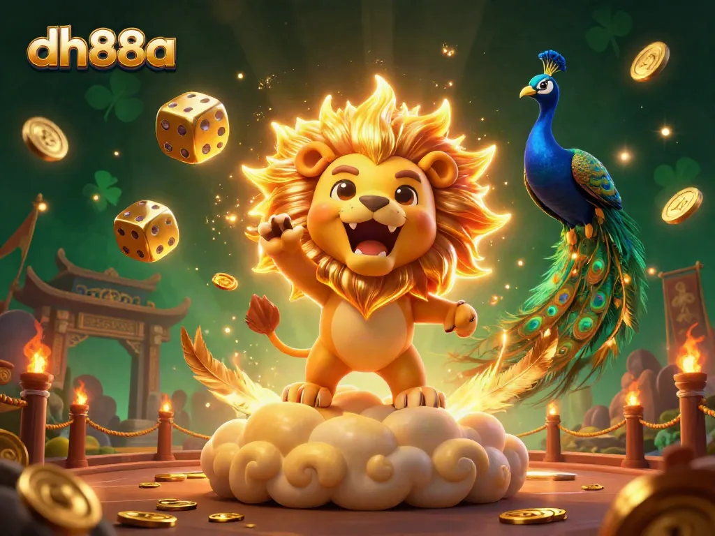 Experience the excitement of dh88a with a roaring lion and golden dice in an animated casino scene.