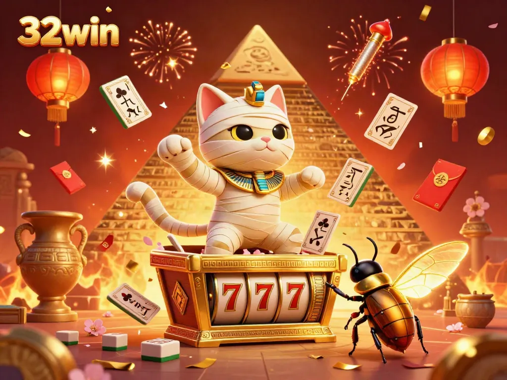 Experience the excitement of 32win with a lively casino scene featuring a mummy cat and glowing scarab amidst slot reels and festive elements.
