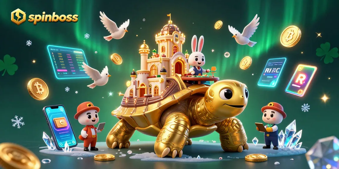 Experience the spinboss casino adventure with a golden tortoise and a rabbit dealer amidst flying coins.