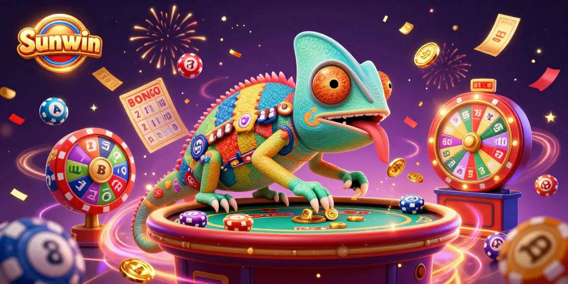 Engage in gaming excitement with Sunwin, featuring colorful casino elements and a dynamic chameleon character.