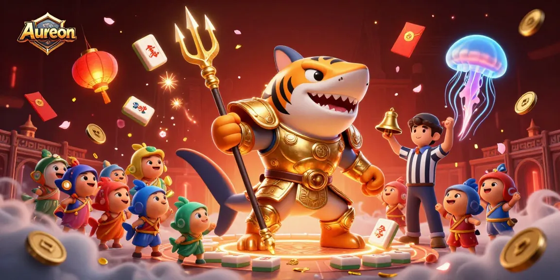 Aureon Casino evokes excitement with a 3D shark warrior in a vibrant gambling scene featuring festive elements and dynamic visuals.